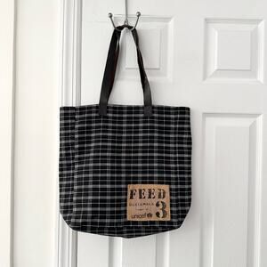 FEED Black White Grid Plaid Brown Leather Strap Tote Bag Nest Artisans